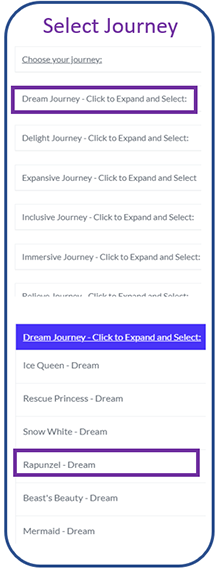 Menu showing Journey Options and then Princess offerings